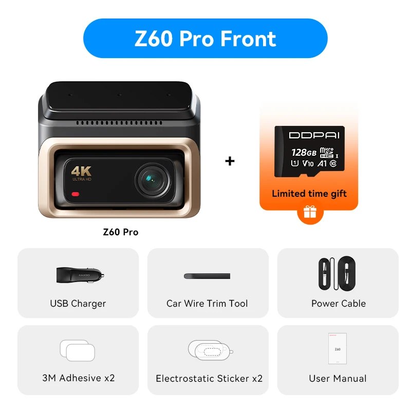 2025New DDPAI 4K Dash Cam Z60 Pro soporte cámara Interior delantera y trasera para coche SONY STARVIS2 678 Sensor 5GHz Wi-Fi ADAS 4G DVR para coche