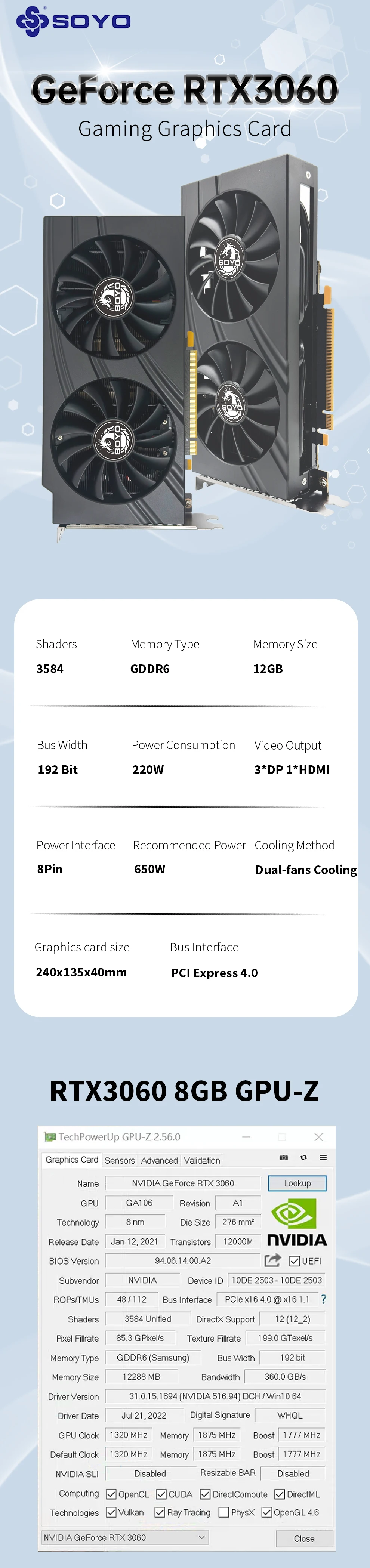 Description Picture 2 of itemSOYO New RTX3060 12G gaming graphics card GDDR6 memory GPU PCIEx16 4.0 HDMI compatible DP suitable for desktop computer video