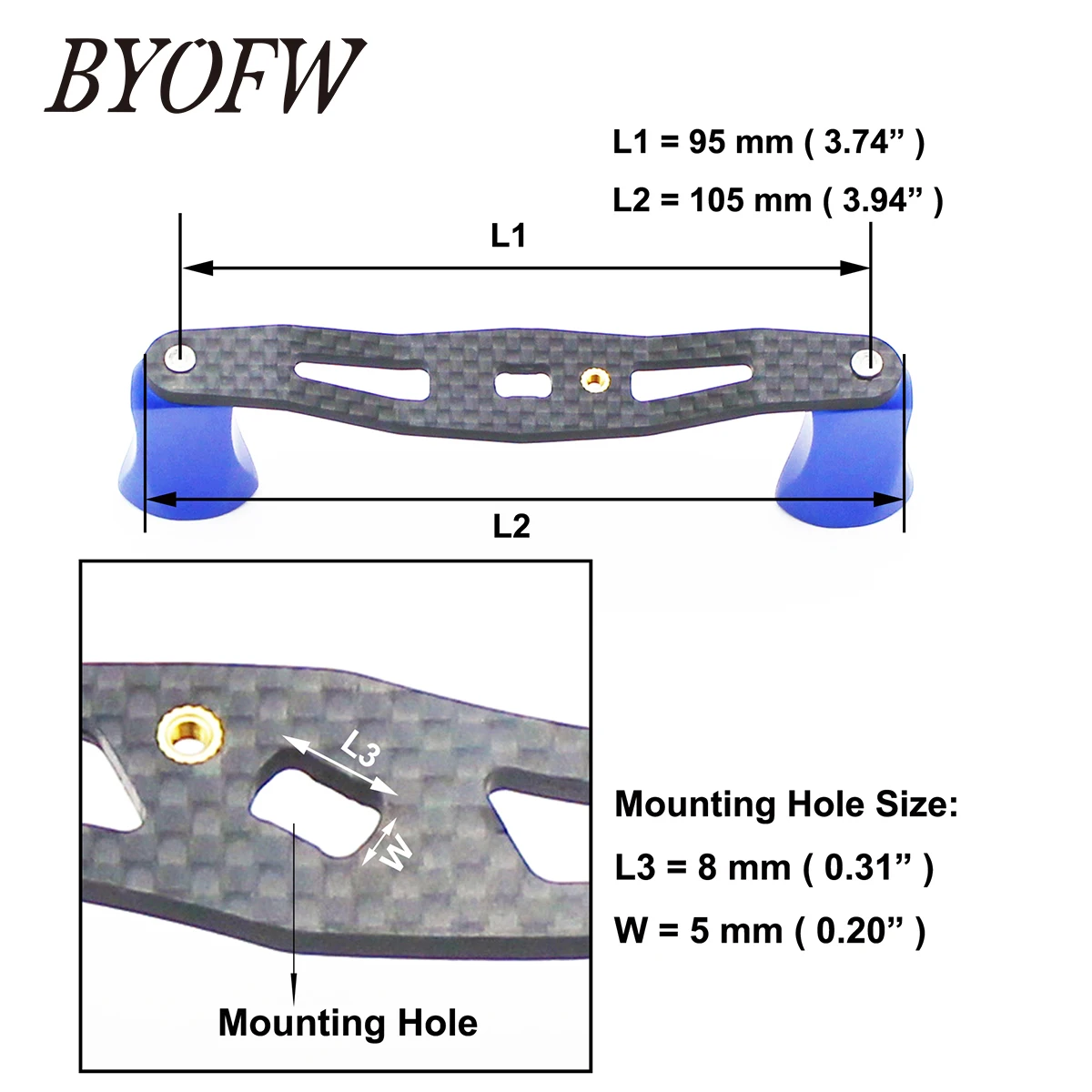 BYOFW 95mm Carbon Fiber Trolling Reel Handle Aluminum Alloy Knobs Baitcasting Fishing For Abu Daiwa Hole Size 8*5mm Accessory