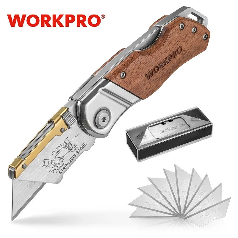 WORKPRO-Utility Knife with Wood Handle, Quick Change Folding Knife,Paper Cutter, Camping, DIY Hand Tools,10 Pcs Blades