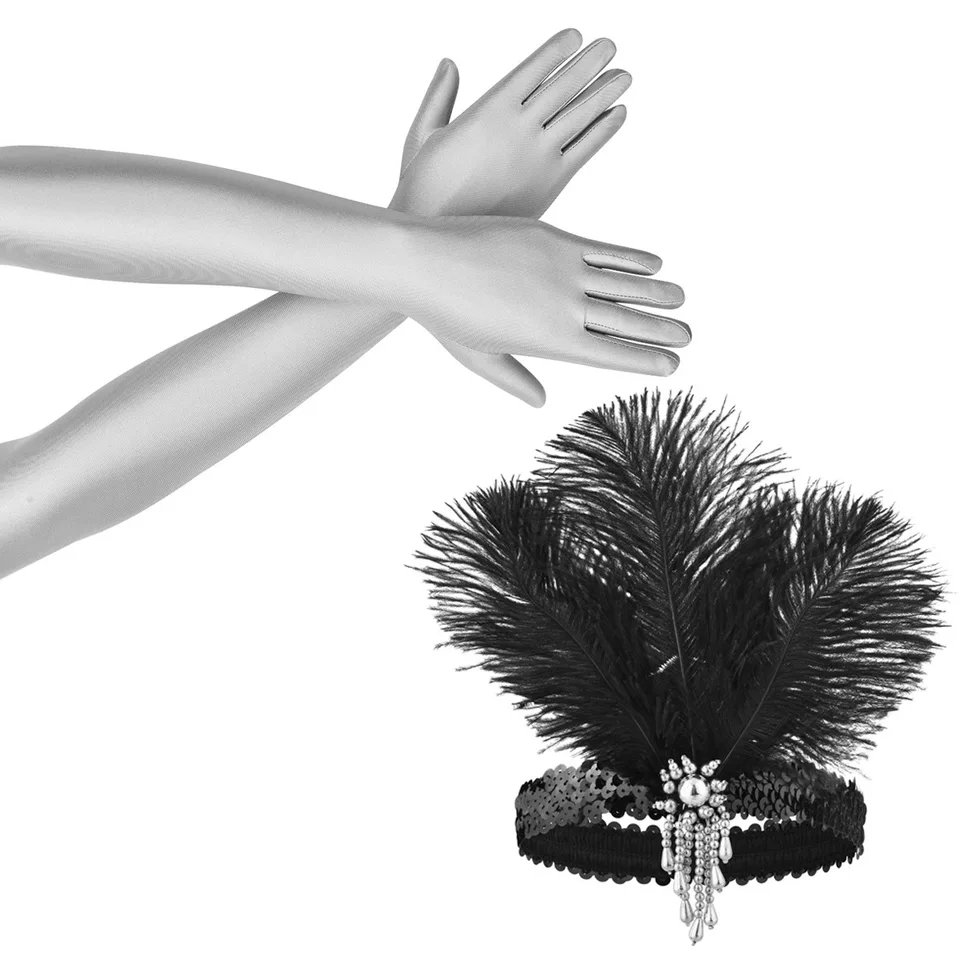 Set Accessori Anni '20 - Guanti Lunghi In Raso E Copricapo Con Piuma Per Feste Gatsby - Foto 7