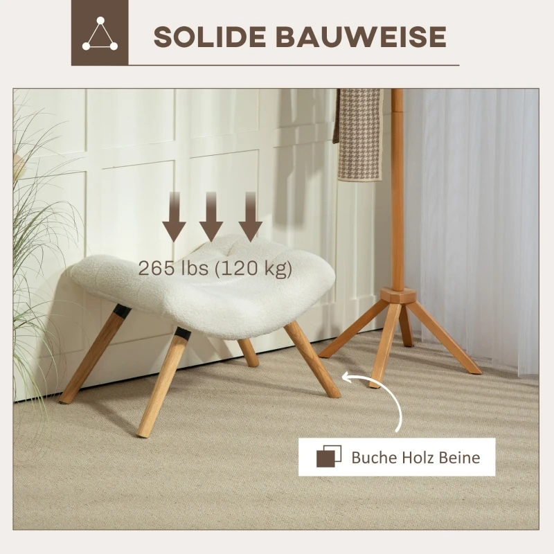 Cremeweißer gepolsterter Hocker – Fleecestoff, Holzbeine, Fußstütze & zusätzlicher Sitz für den Flur – Detail 7