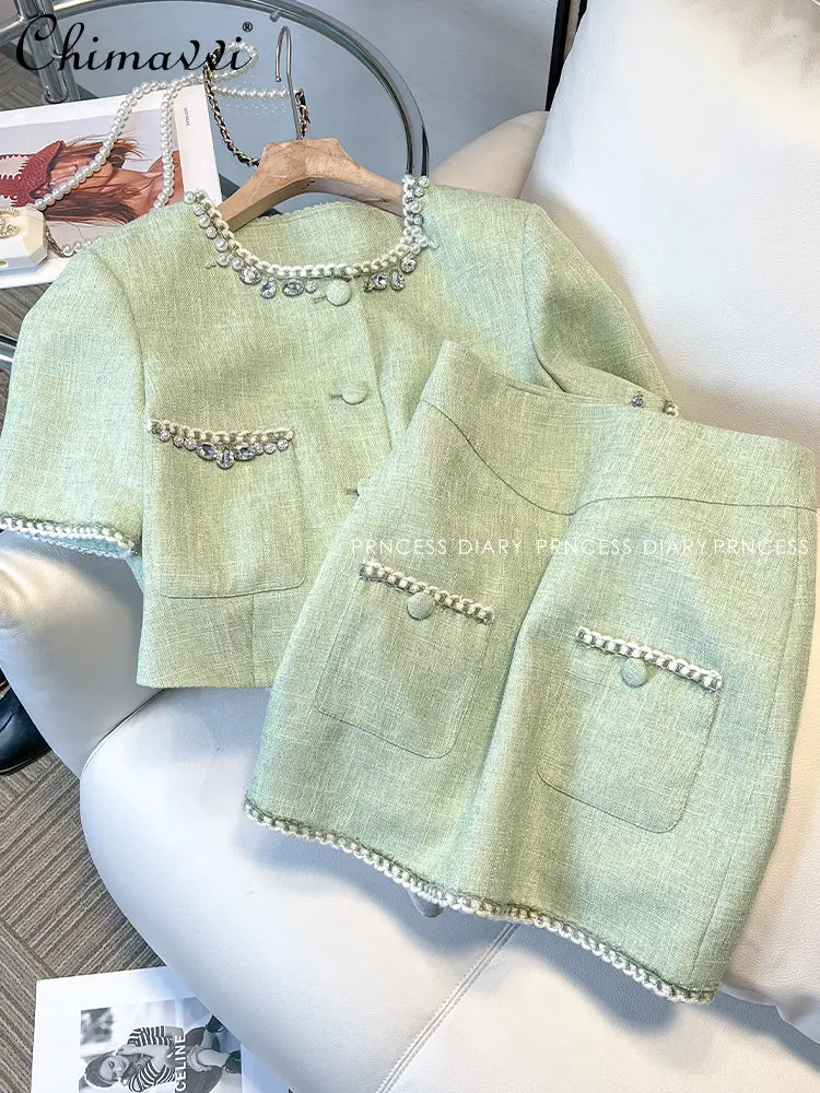 

Green Suit Female 2023 Spring Summer New Fashion Design Streetwear Beaded Short Sleeve Coat Skirt Elegant Commute Two-Piece Sets