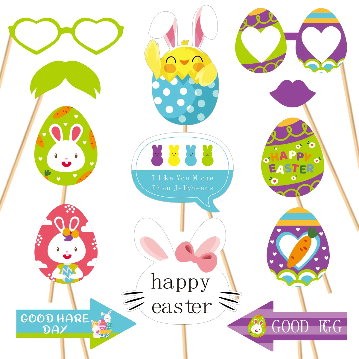 28pcs Happy Easter Photo Props Set Easter Eggs Theme Party Spooky Handheld Photo Props