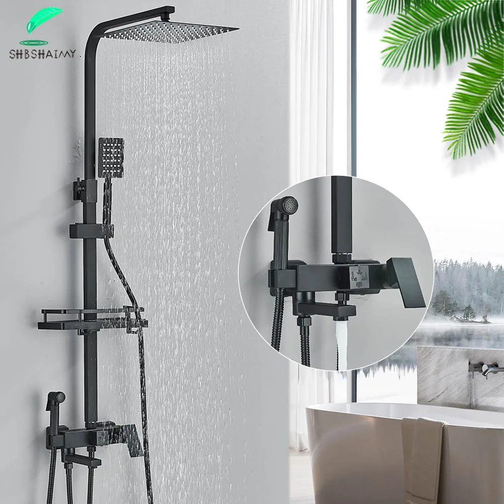 Black Brass Shower Faucet Bathroom Shower Mixer 15cm Bathtub Rotatable Long Spout Rain Set Spray Column