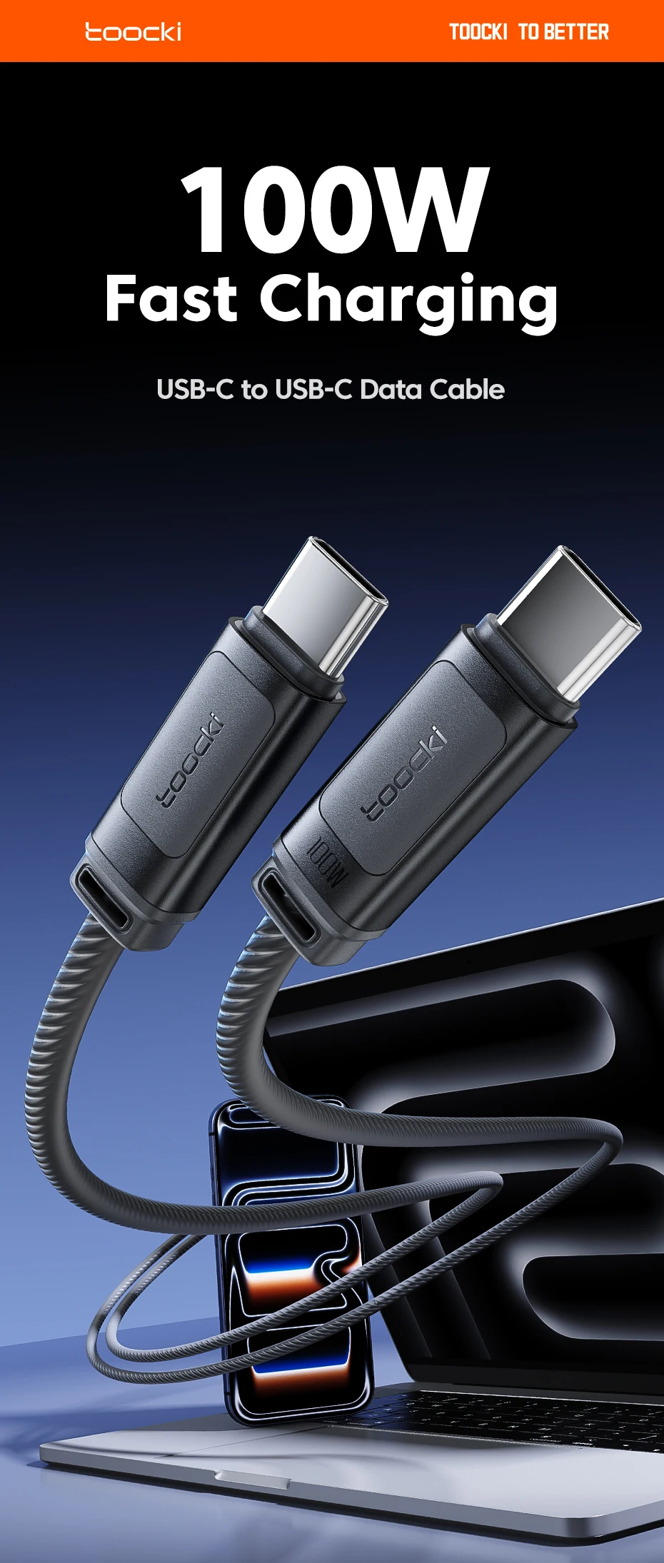 Toocki 100W USB-C-Kabel, schnelles Laden, PD 480Mbps, Silikonkabel für iPhone 17 16, MacBook Pro, Laptop, Huawei, Oppo, Datenkabel – Detail 1