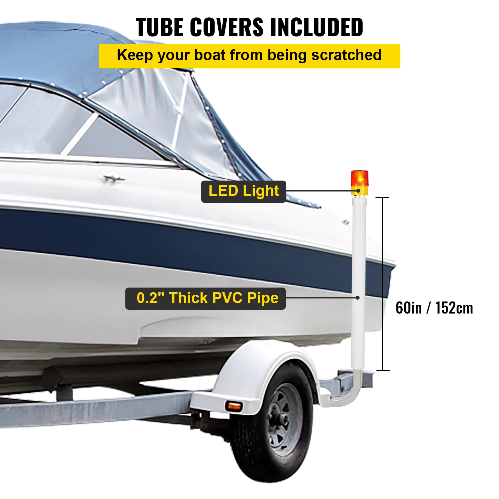 VEVOR Boat Trailer Guide-on 60" 2PCS Steel Trailer Post Guide on with LED-Lighted PVC Tube Covers Mounting Hardware Included