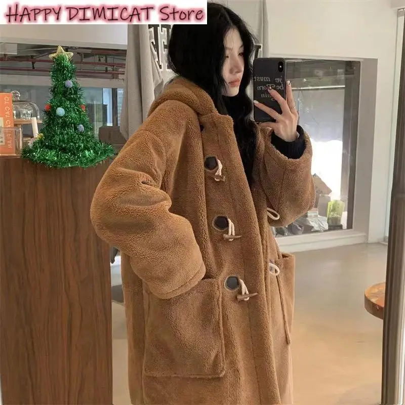 

Lamb Wool Coat Hoodies Woman Fleece Korean Version Jacket Cowhorn Button Loose Winter Warm Female Mid Length Thick Overcoat