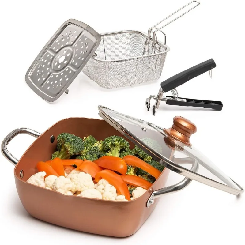 

Non Stick Pan, Deep Square Pan, Fry Basket, Steamer Rack, Dishwasher & Oven Safe, 5 Quart Copper Pot Set, Induction Copper