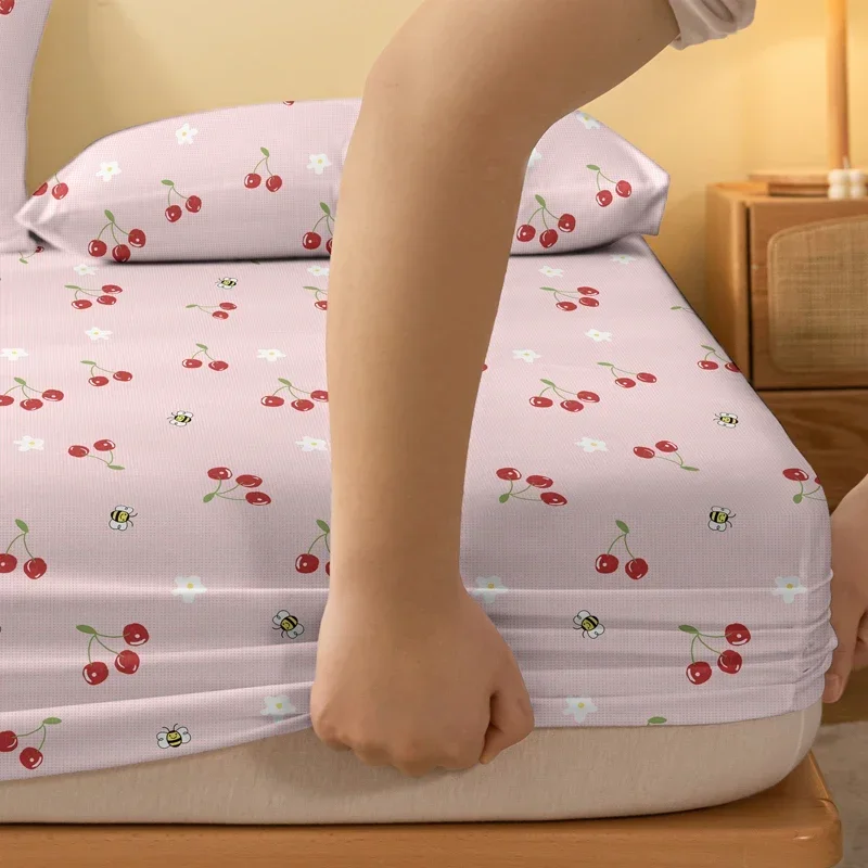 1 Cartoon Cute Fruit Cherry Bee printed matte Fitted Sheet, bedroom printed bed cover, bedding (excluding pillowcases) 4