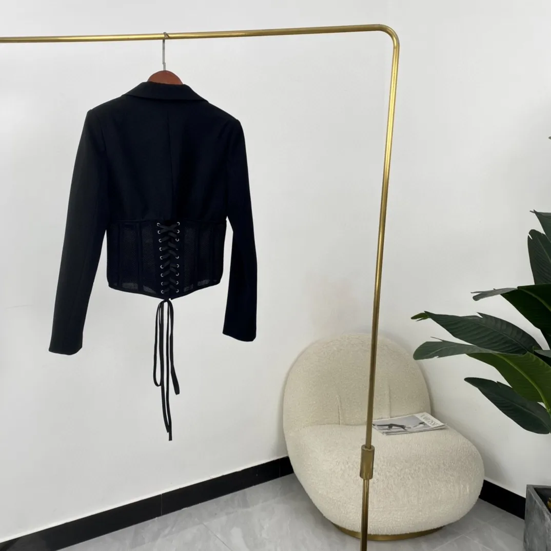 Black White 2024 New Design Sexy Notched Hollow Out Mesh Fishbone Straps Delicate Lace Women Spring Summer Blazer