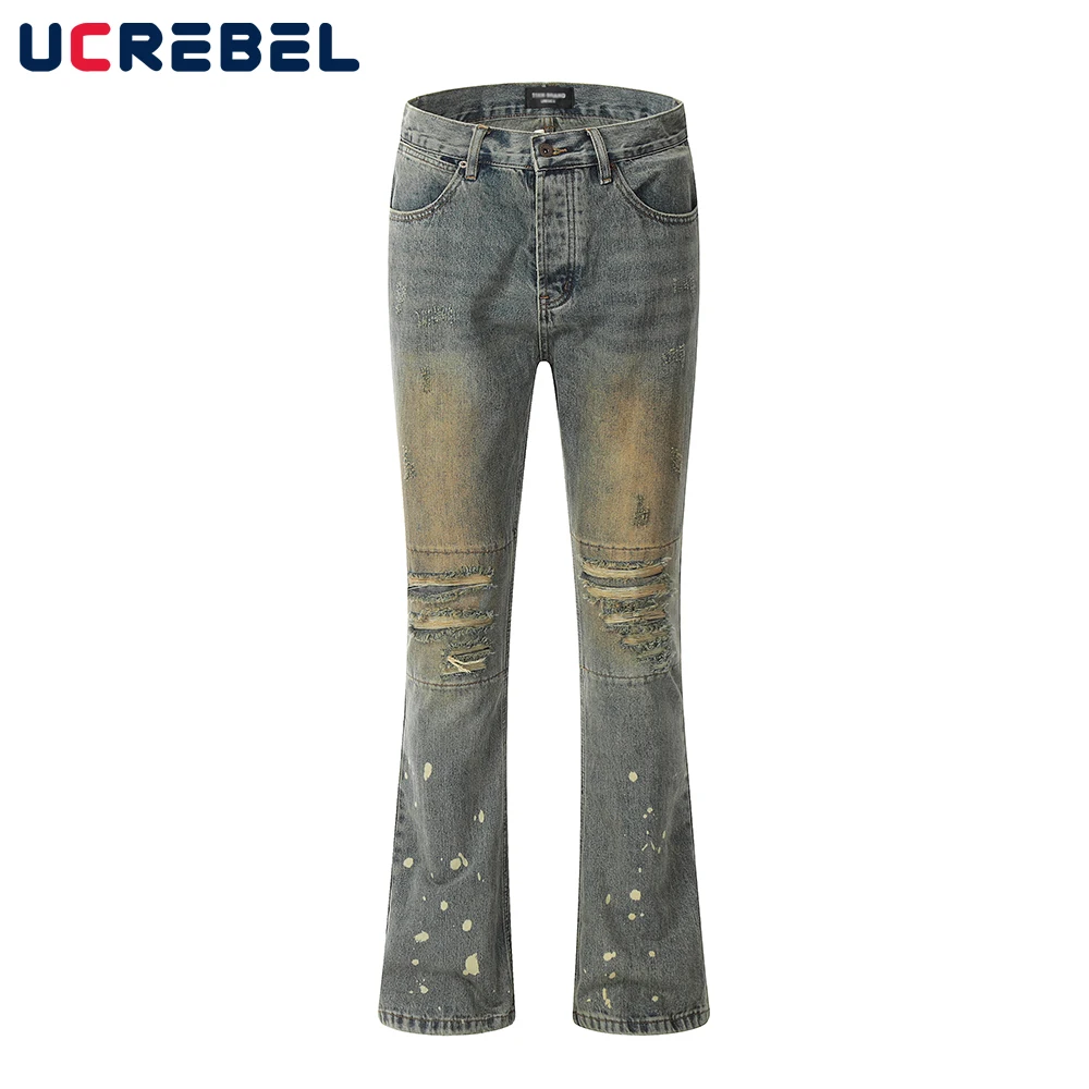 

Washed Distressed Flared Denim Pants Mens Vibe Style Ripped Hole Casual Trousers Men Streetwear Button Jeans