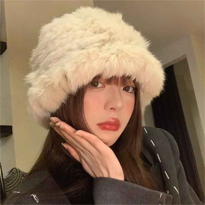 

Rabbit Hair Hat for Female in Winter Shows Small Face, Fluffy Hair Hat for Warmth, Ear Protection, Fur, Fisherman's Hat for Big