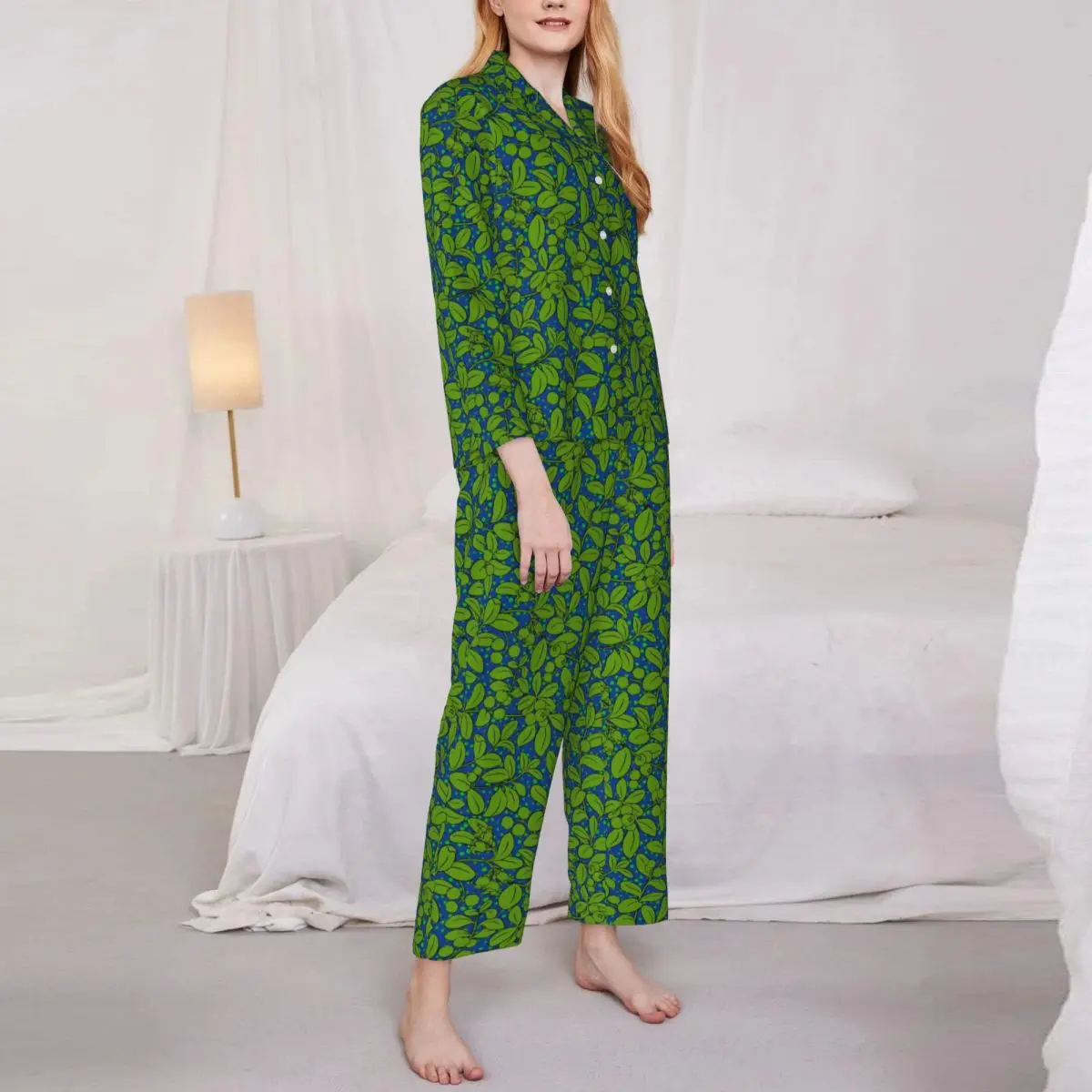 

Пижама женская в виде зеленых растений, романтическая повседневная одежда для сна с принтом листьев, свободный домашний костюм с графическим рисунком, 2 предмета, на осень