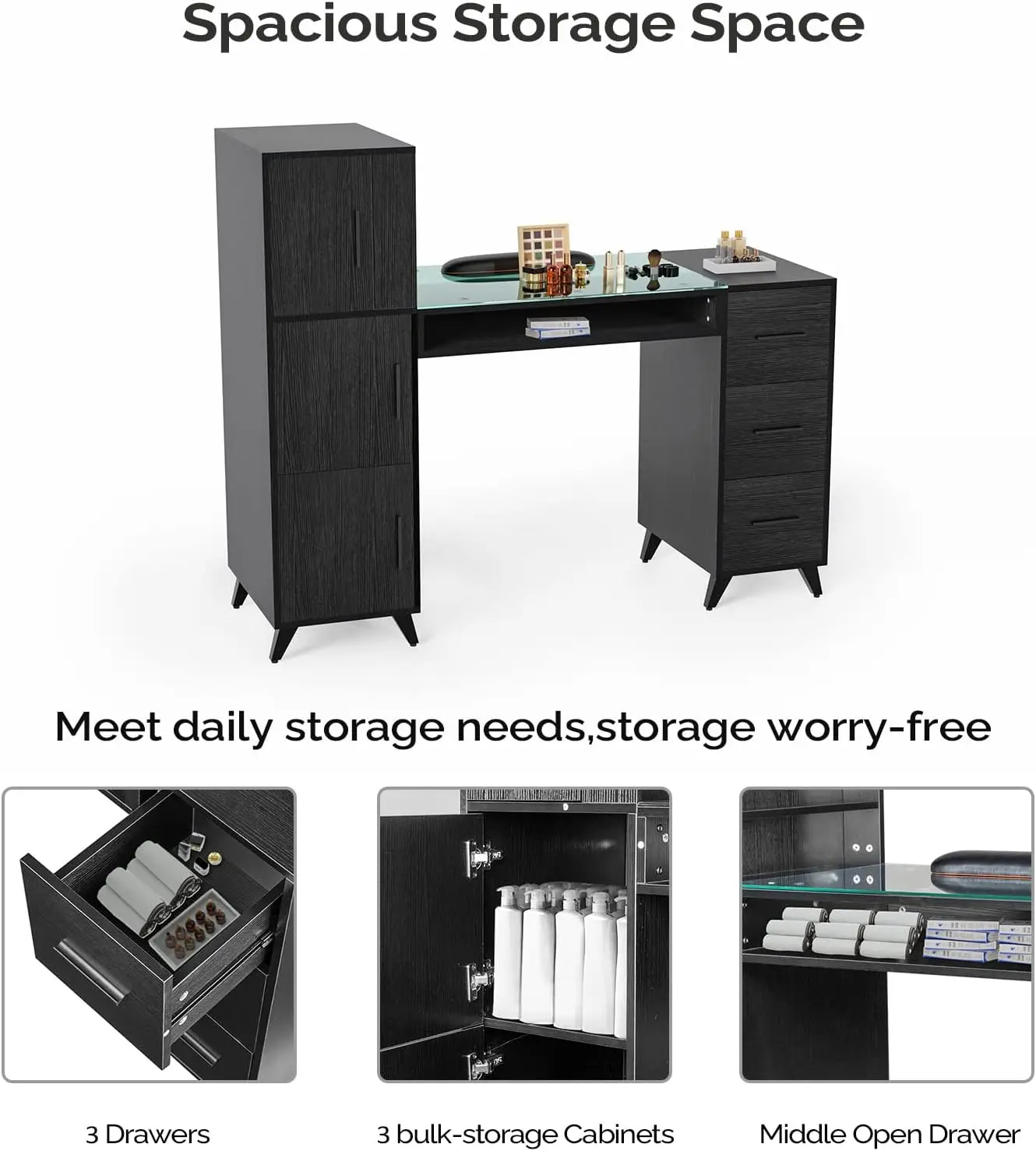 Manicure Table Nail Desk for Nail Tech w/Glass Top & Wrist Rest, Beauty Salon Nail Supplies Decor Workstation Acetone Resistant