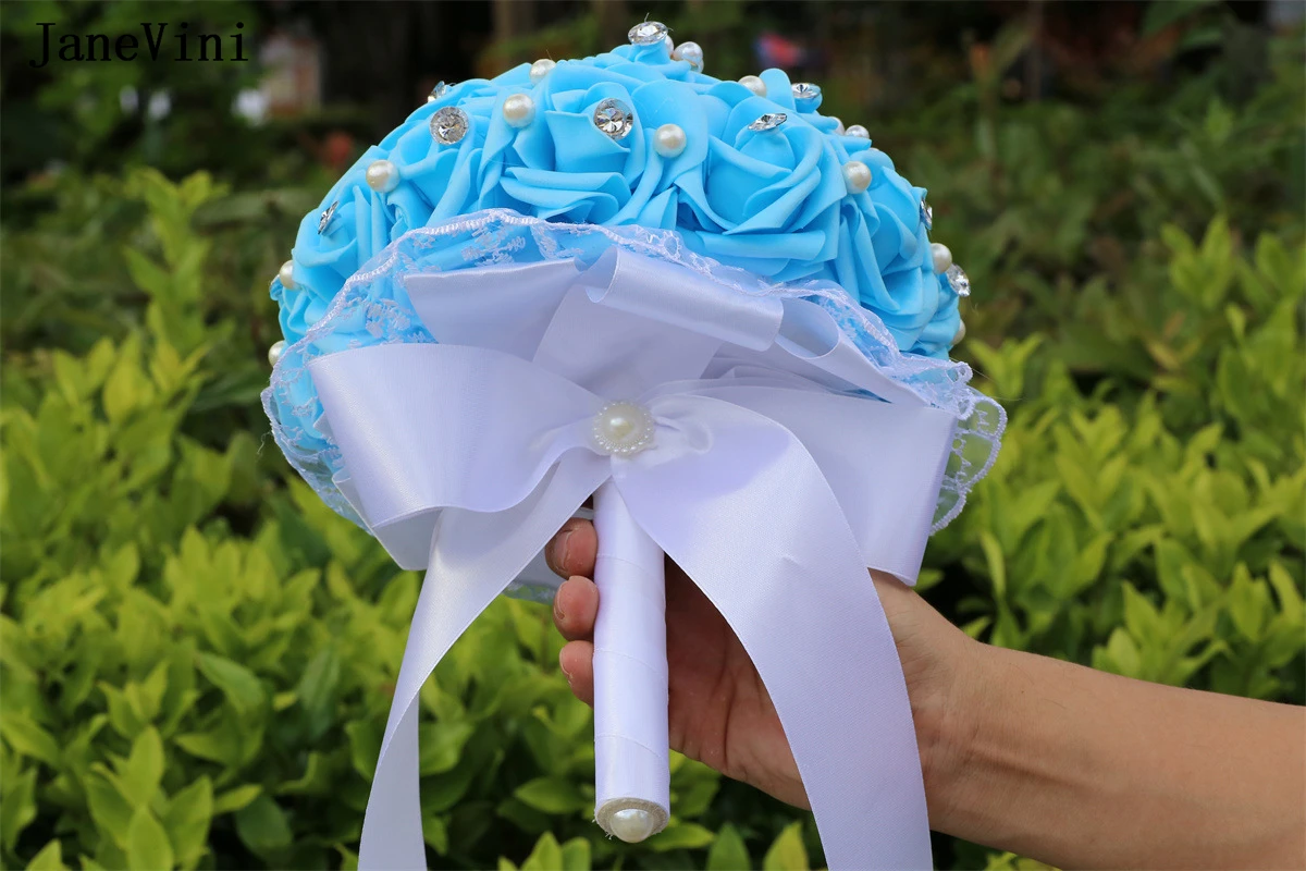 JaneVini New Crystal PE Bridesmaid Bridal Bouquets Lake Blue Wedding Flowers Artificial Foam Roses Pearl Fake Bouquet Customized