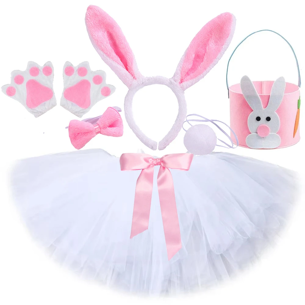 Baby Girls Pink White Bunny Tutu Skirt Outfit for Kids Easter Festival Costume Animal Rabbit Fluffly Ballet Tutus with Ears Tail