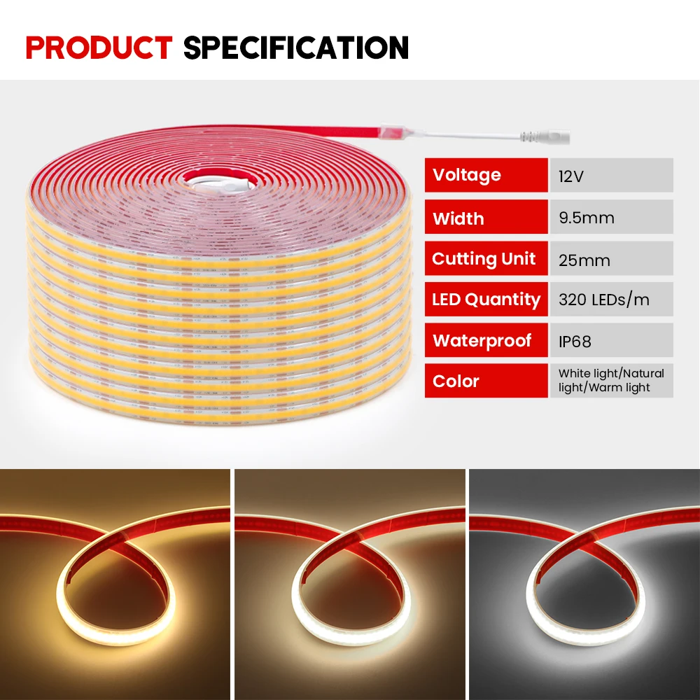 IP68 Waterproof COB Strip 12V 24V 1M 10M 20M 320Leds/M RA90 3000K 4000K 6000K High Density Flexible Ribbon Rope LED Light