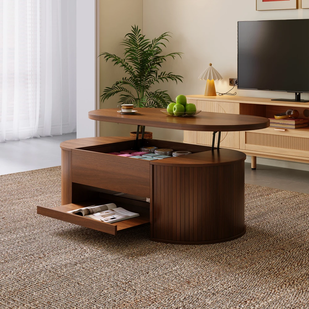 PINGGO Hebbarer Couchtisch mit gebogenen Holzseiten, ausziehbarer Ablage, anhebbarer Tischplatte, multifunktionale Wohnzimmermöbel – Detail 8