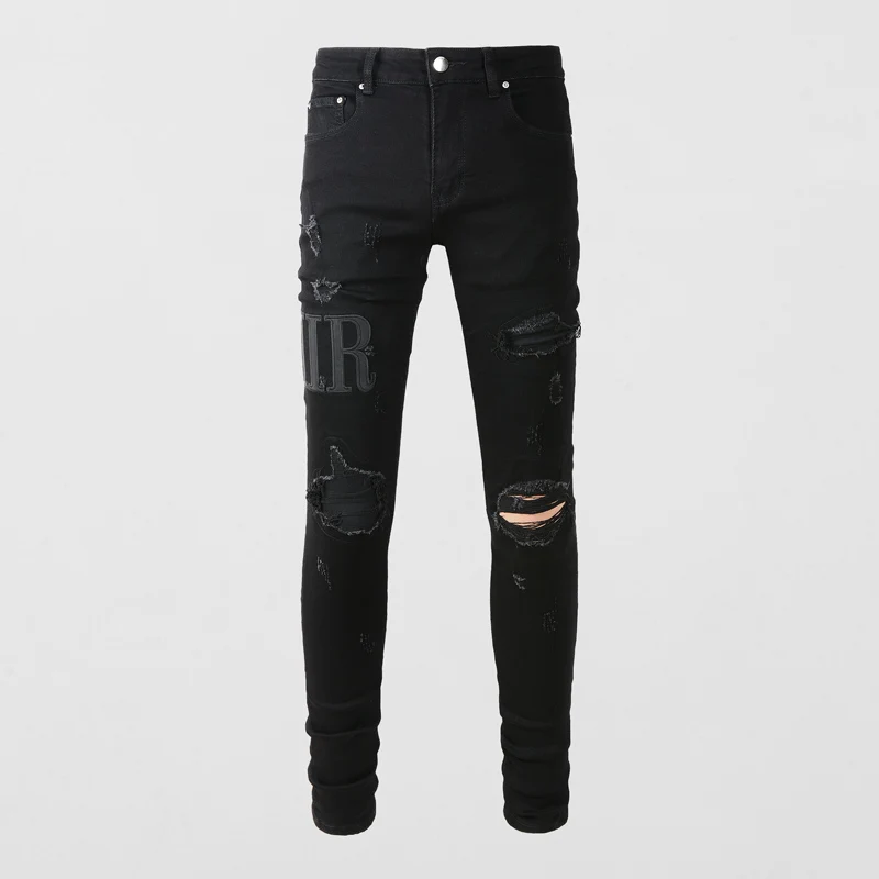

Street Fashion Men Jeans Elastic Stretch Slim Fit Hole Ripped Jeans Men Black Trousers Patch Brand Designer Hip Hop Pants Hombre