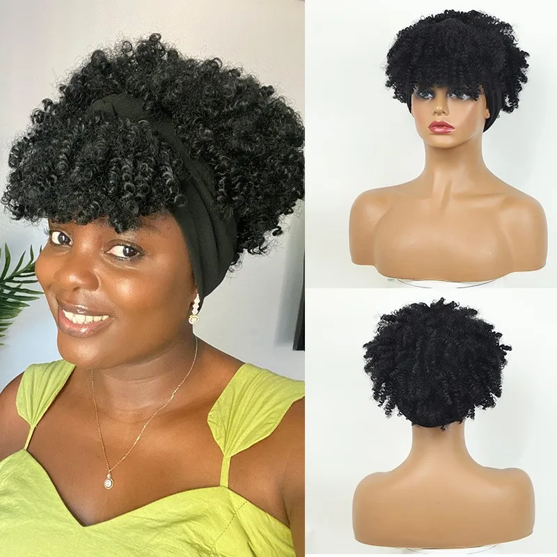 Afro Kinky Curly Headband Wigs Short Fluffy Curly Scarf Wig with Bangs Synthetic for Cosplay synthetic hair wigs