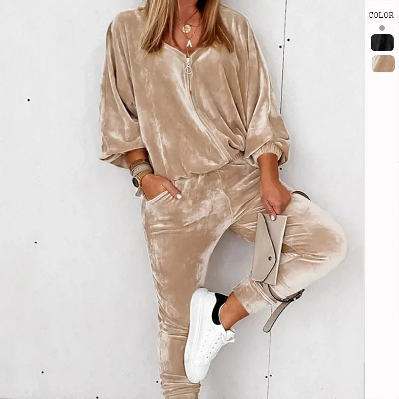 

NEW Velvet Tracksuits Women Casual Pullover V Neck Zipper Sweatshirts And Harem Pants Two Piece Set Loose Ladies Sweatsuits