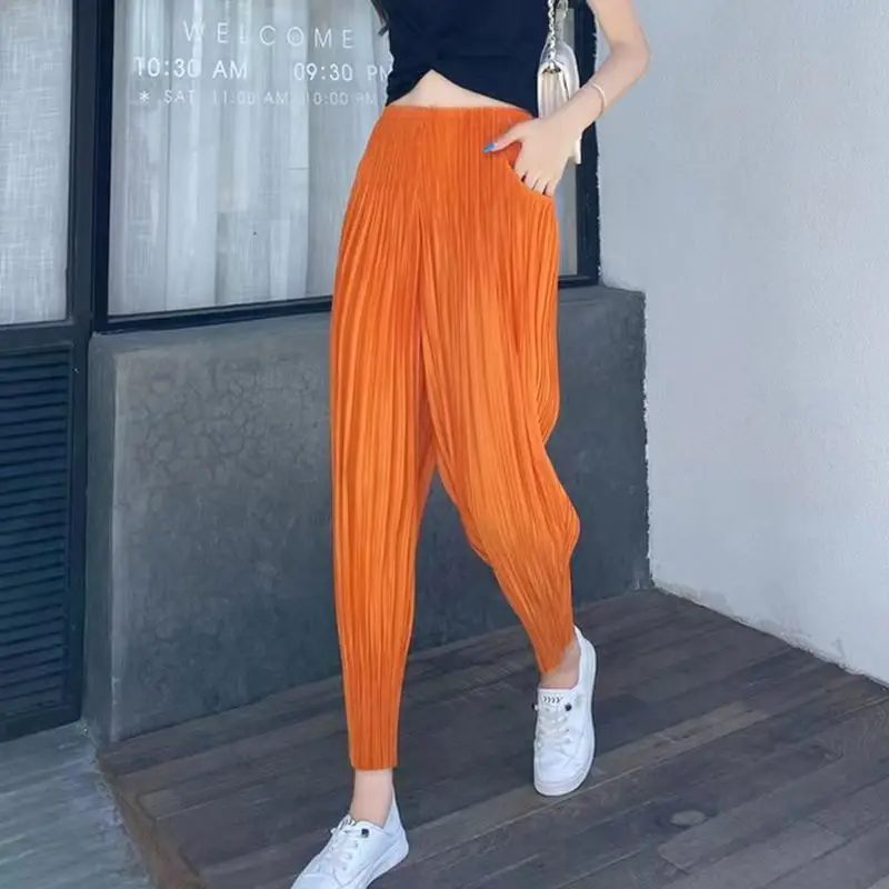 woman Women's Pants Miyake pleated casual small leg slimming look nine point harem pant summer thin versatile light tight Capris 4