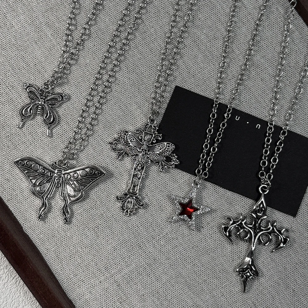 Y2K Gothic Silver Butterfly & Cross Pendant Necklace Set, Vintage Moth & Star with Red Crystal Necklaces, Punk Jewelry for Wo 3