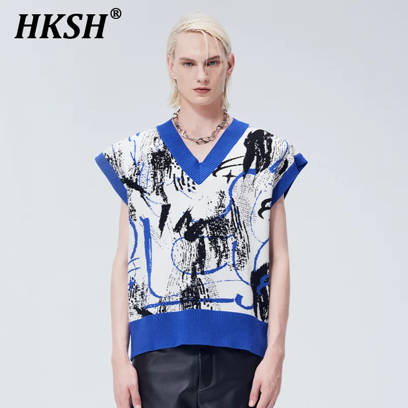 

HKSH 2024 Men's Spring Summer New Designer Knitted Vest Color Contrast Sweater Tank Tops Punk Fashion Tide Chic Waistcoat HK1312