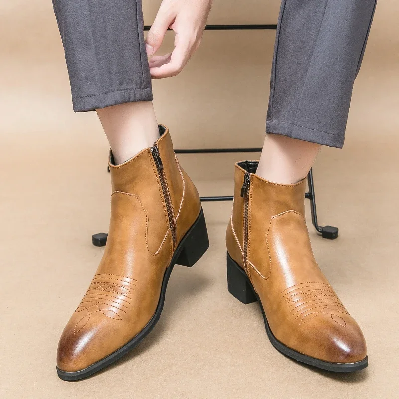 Men Western Boots Cowboy Zipper Ankle Boots Business Handmade Size 38-46 men western boots