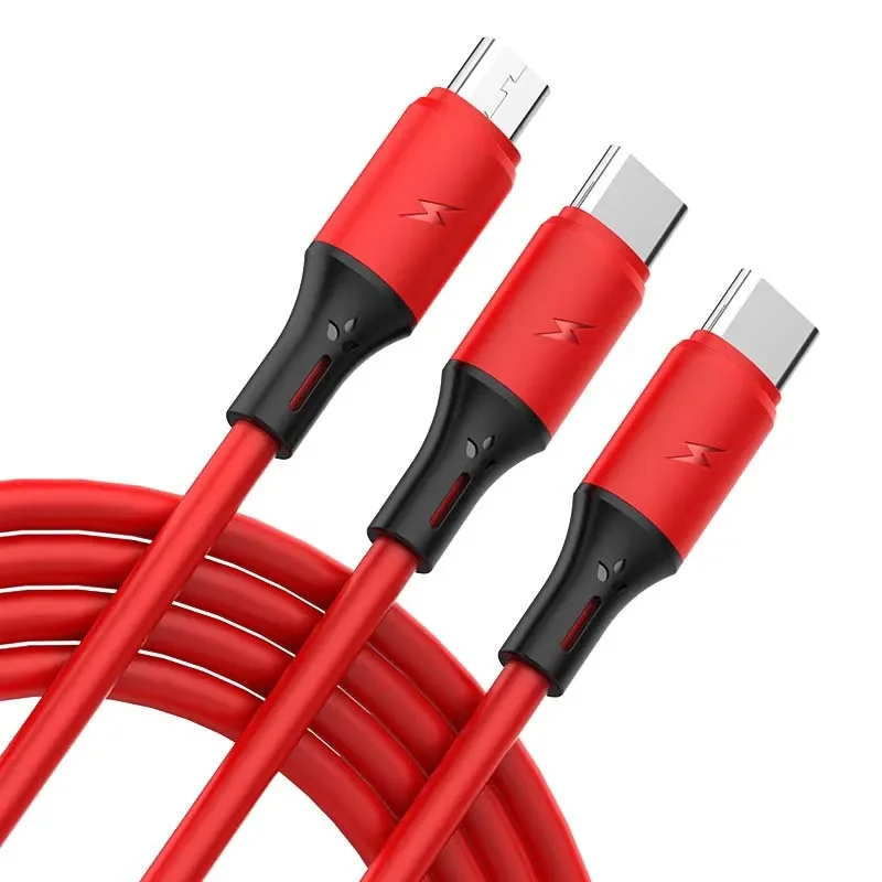 

3 in 1 Micro USB Type C 8Pin Liquid Silicone Cable 1.2M 2.4A Fast Charging Cord Wire Multi Port Mobile Phone Charge Line