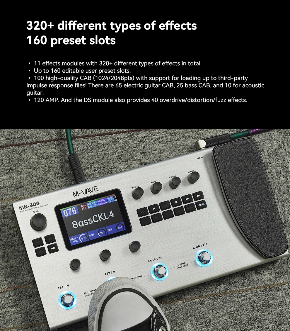 Guitar Bass Effector 120 AMP Models 11 Effect Modules 150s STEREO LOOP Guitar Parts Accessories M-VAVE MK-300
