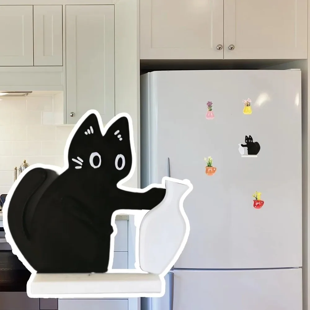 Acrylic Cat Whiskers Collection Ornaments Magnetic Cartoon Cat Hair Storage Memorial Box Black Cat Pushing Vase Decor 2