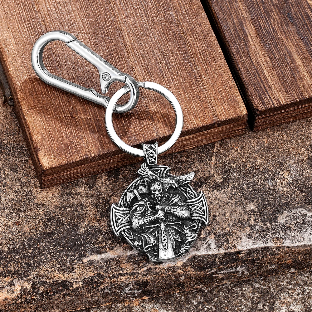 Vintage Norse Odins Raven Keychain Viking Knight Cross Pendant