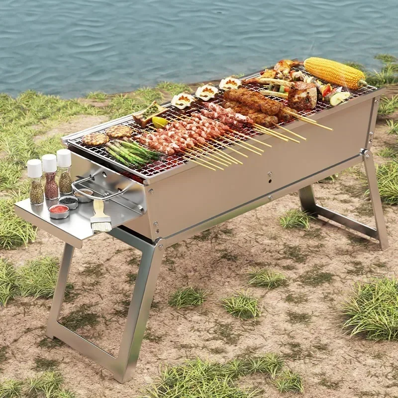 Outdoor Barbecue Grill Stainless Steel Charcoal BBQ Stove Portable Home Folding Wood-Burning BBQ Grill for Camping Picnic