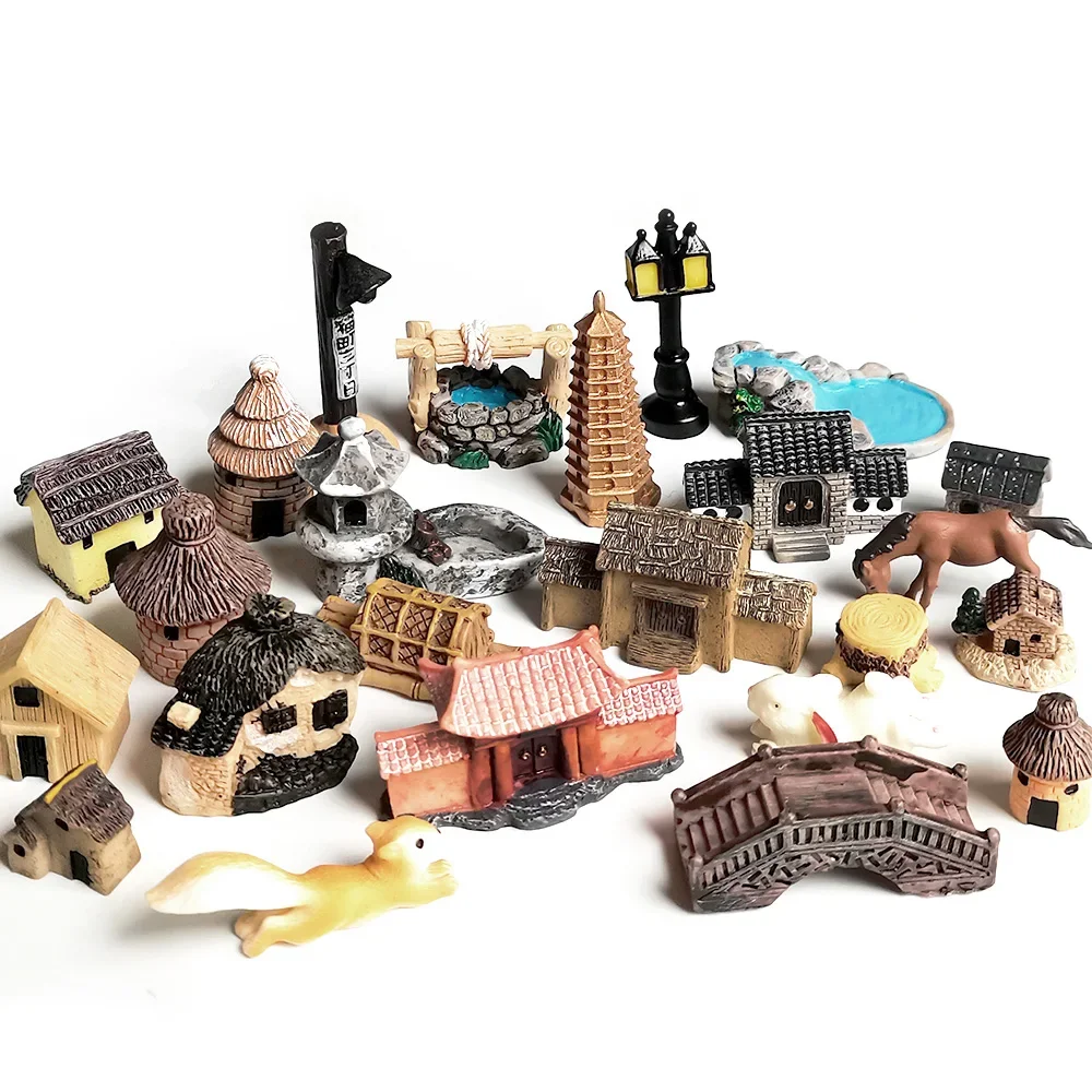 Chinese/Japanese Antique Mini House Retro Building Fairy Garden Figurines Miniatures/Terrarium Vintage Home Decor Ornaments DIY