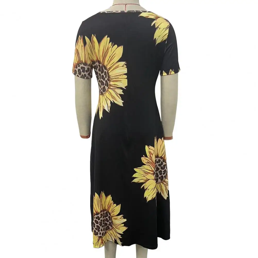 

Stylish Short Sleeve Dress Sunflower Print A-line Maxi Dress for Women with Short Sleeves High Waist Loose Big Hem Summer Dress