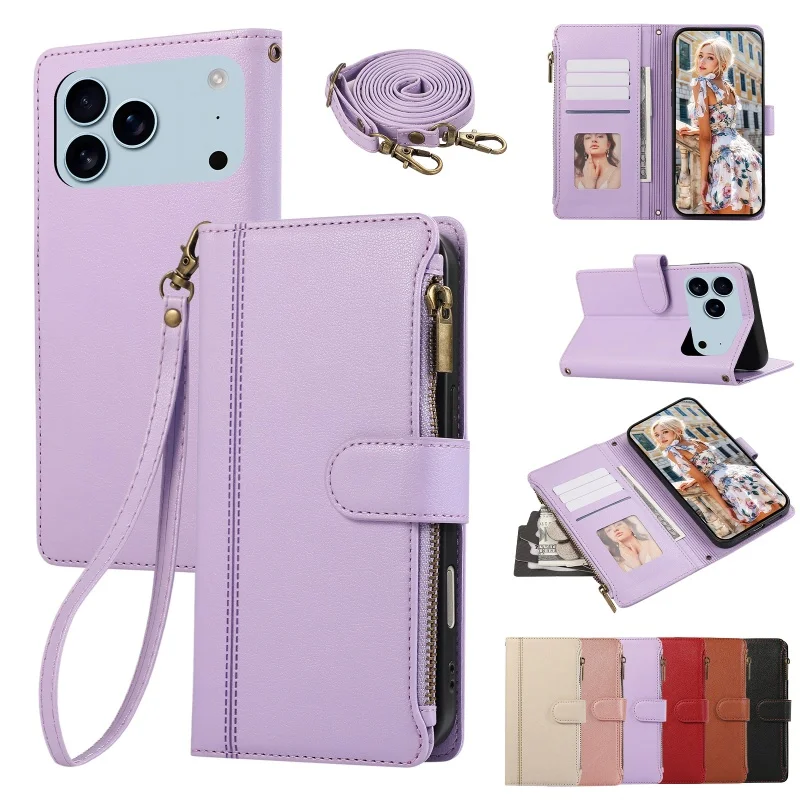 Zipper Leather Flip Wallet Phone Case with Lanyard and Card Holder
