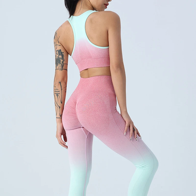 

Women Yoga Seamless Gym Sets Gradient Fitness Sports Suit Push Up Bra High Waist Leggings Female Stretch Workout Sportswear