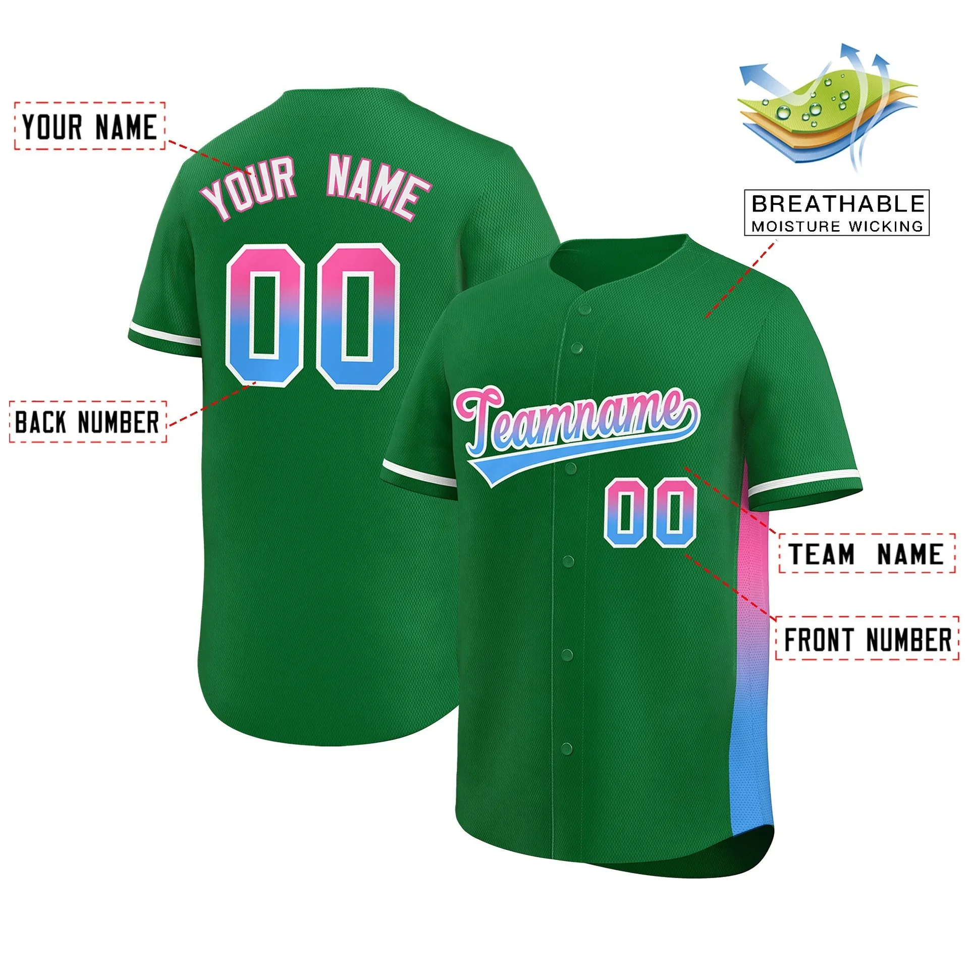 High Quality Gradient Baseball Jersey Button down Sportswear Personalized Sewn Number Baseball Shirt Polyester Fiber