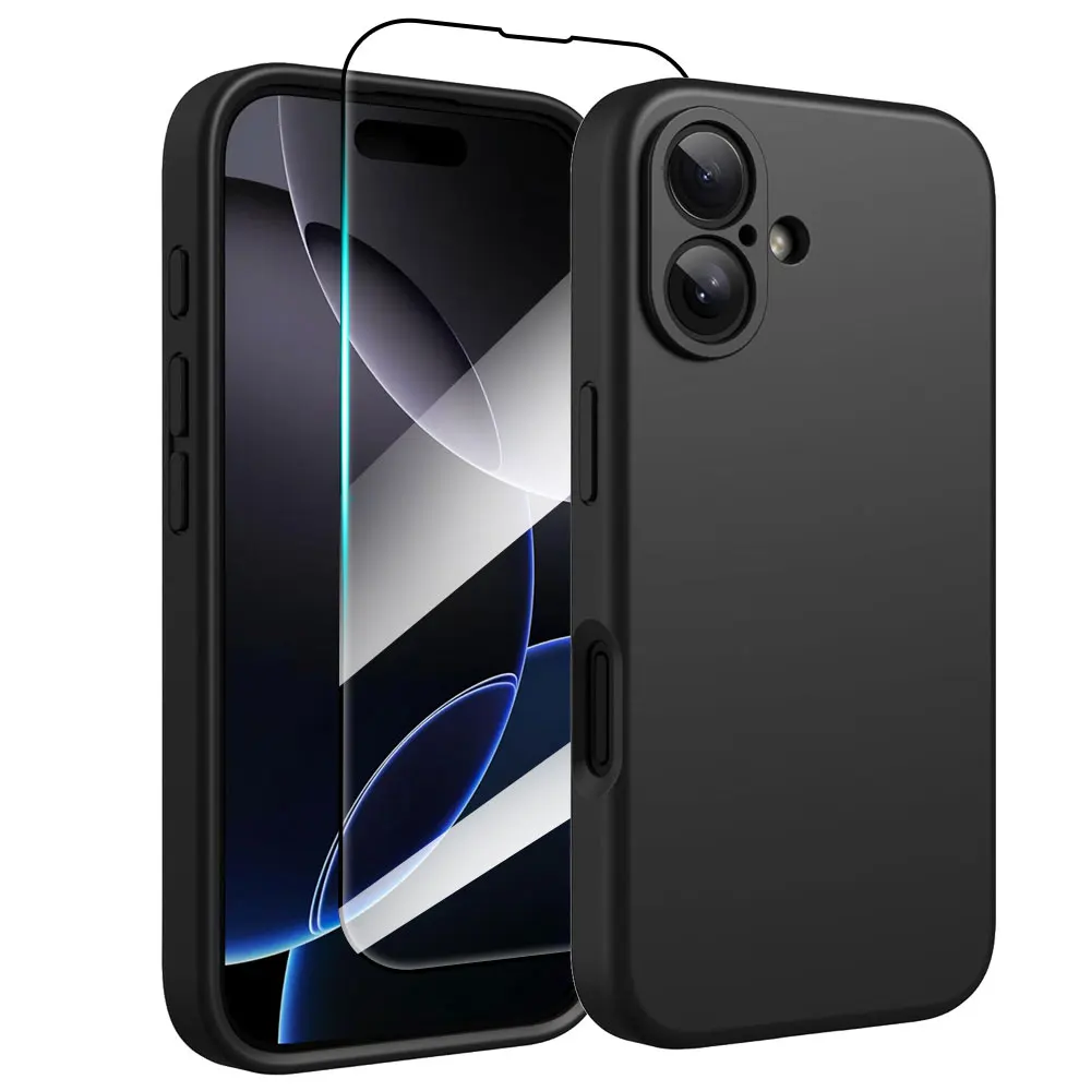 아이폰 16, 15, 14, 13, 12, 11 프로 맥스 플러스용 휴대폰 케이스, 화면 보호대 유리 실리콘 충격 방지 커버, 2 인 1 보호