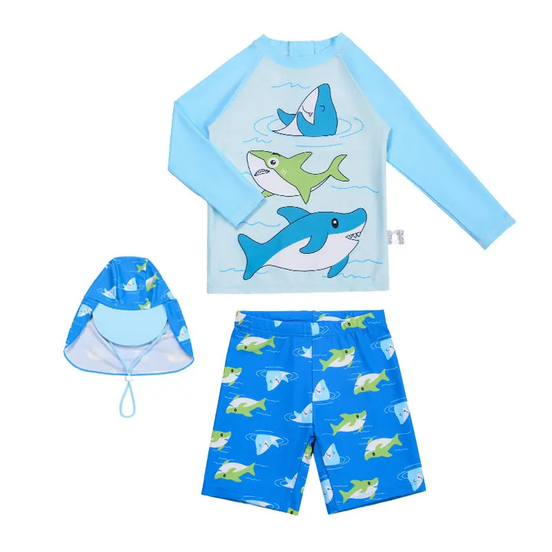 3 Pcs Boy's Swimsuit Sun Protection UPF 50+ Long Sleeve Swimming Sunsuit With Hat Split Bathing Suits Children boys swimwear