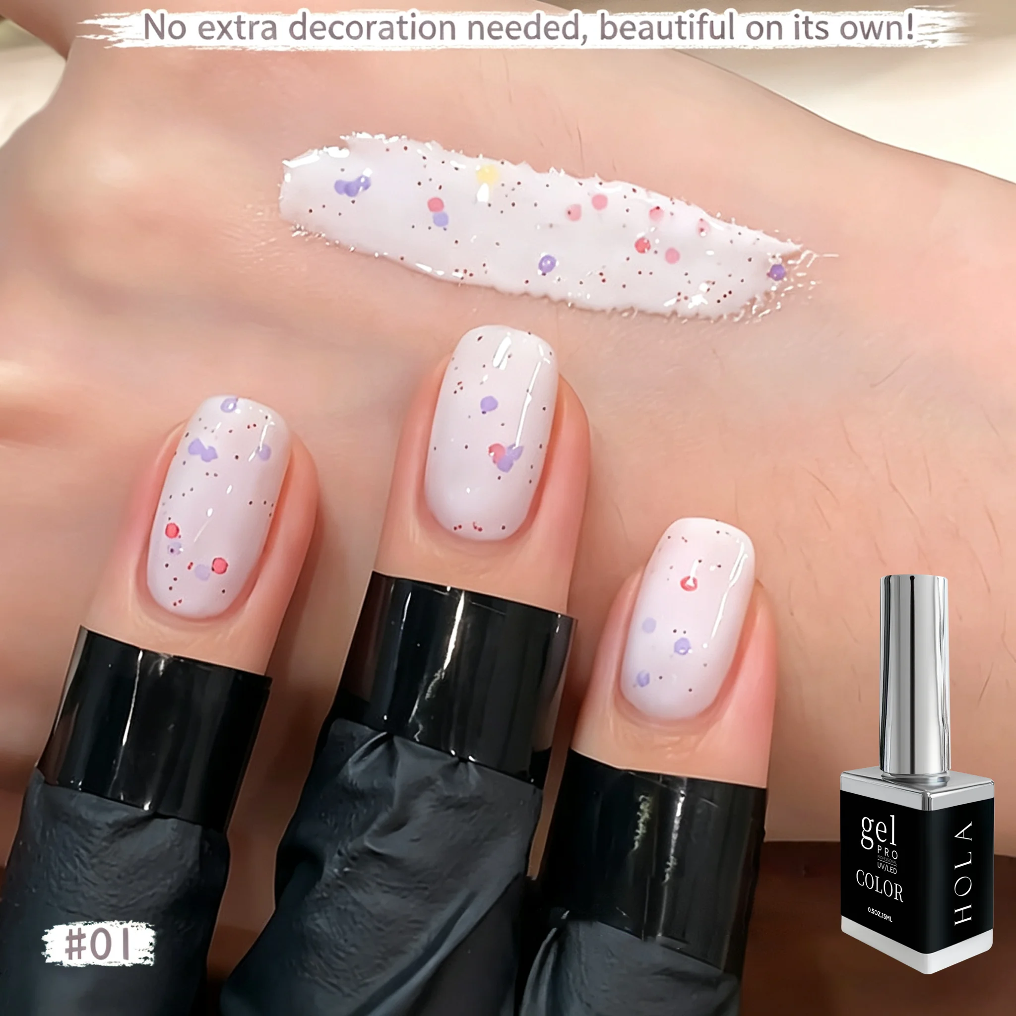 HOLA NAIL 15ml Smalto Gel Glitterato Bianco Lattiginoso con Pois, per Nail Art, Nude Lucido, Soak Off UV, Cosmetici per Unghie - immagine 3