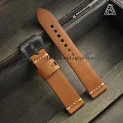 Vintage Crazy Horse Oil Wax Leather Watch Strap with Pin Buckle - Universal Men's Accessory - 22mm (Light Brown - Black)