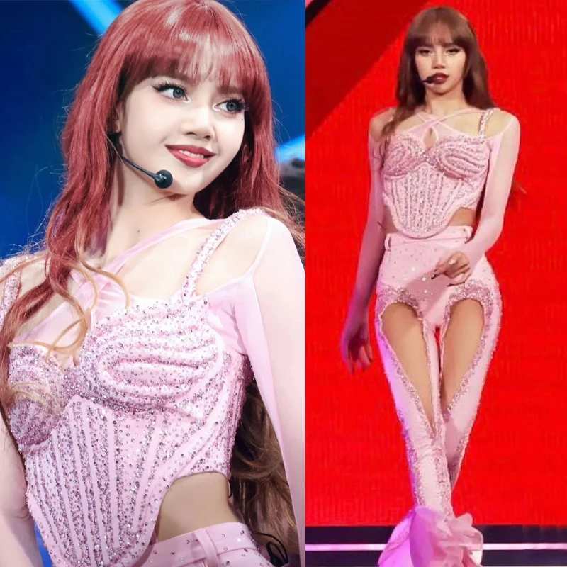 WomenGroupHipHopClothingPinkSequinsTopPantsDjDsStage