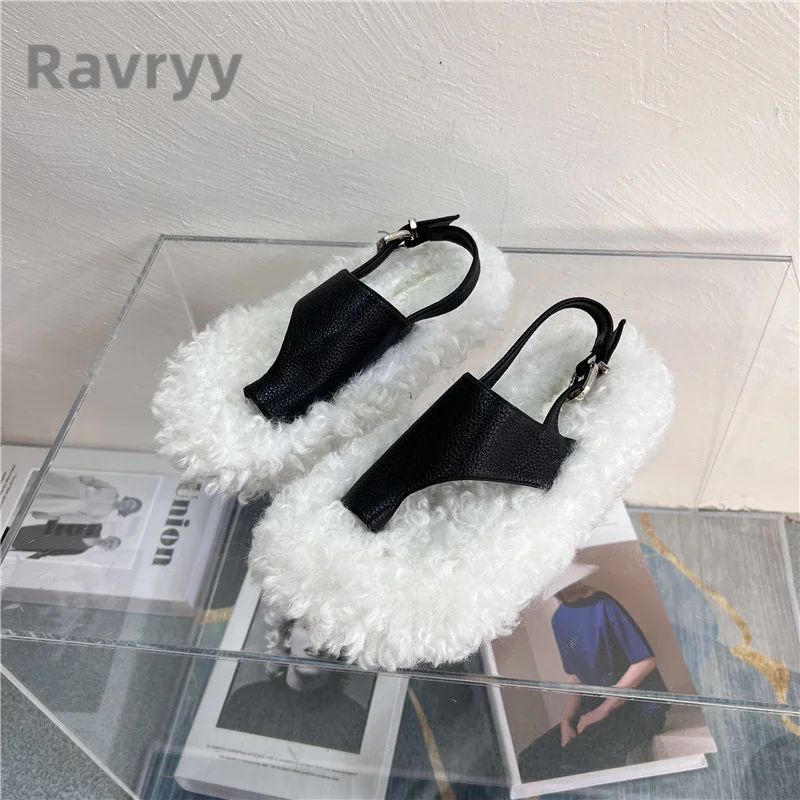 

2023 Summer Vintage Women's Shoes Wool Flat Buckle Strap Sandals Versatile Casual Pin Toe Round Head Fashion Shallow Sandals