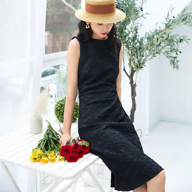 Velvet straight dress with opening black ladies' | Morgan