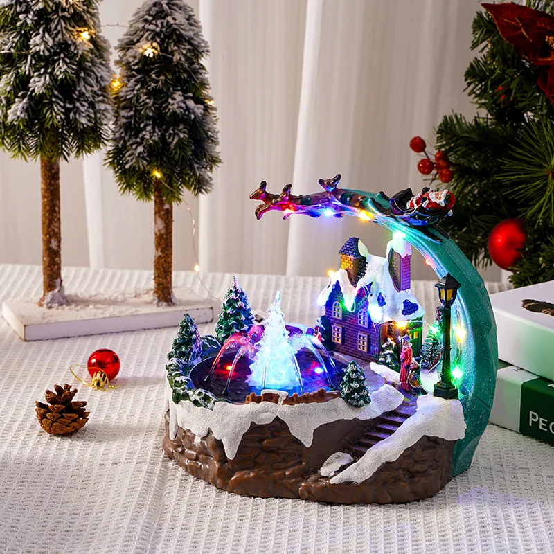 Christmas Village Snow Globe – Resin House Figurine With Revolving Train & 8 Holiday Songs