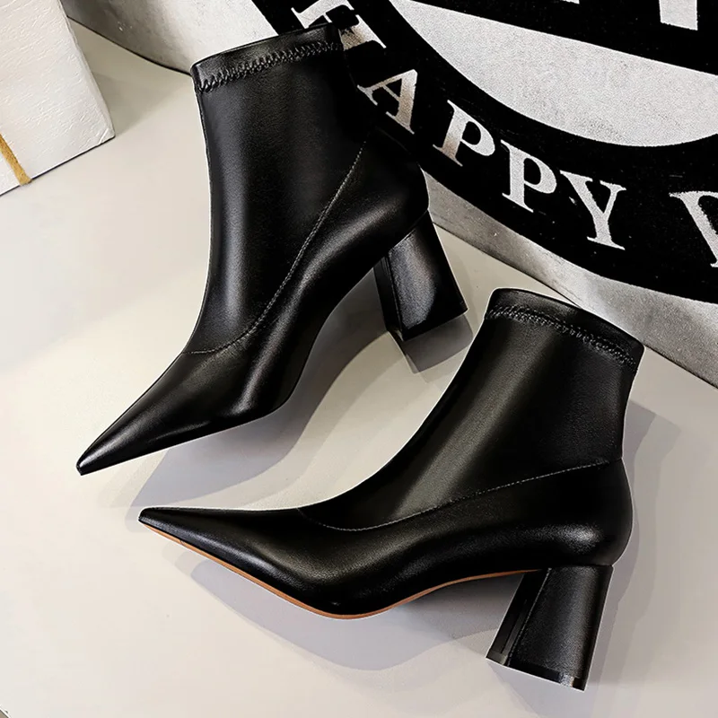 

New Winter Women Soft Leather Warm Fur Sock Boots Sexy Square Heels Pointed Toe Ankle Boots 6.5cm High Heels Short Boots Shoes