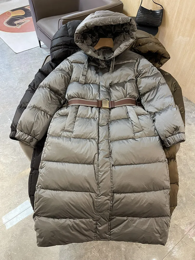 

2023 Fall Women's Mid-Length Down Jacket Hooded Zipper Long Sleeve Solid Color Winter Female Coat with Sashes
